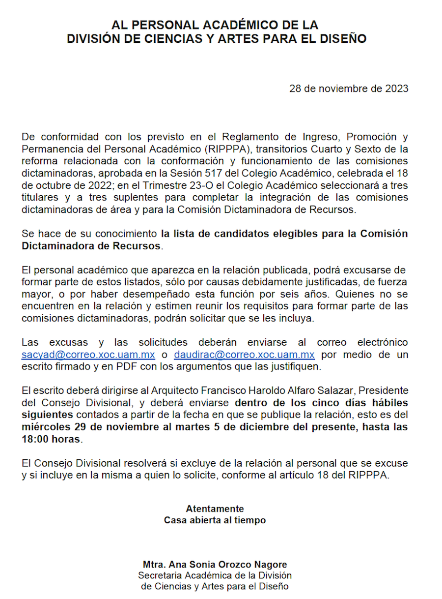 AVISO PERSONAL ACADÉMICO DE LA DIVISIÓN DE CyAD