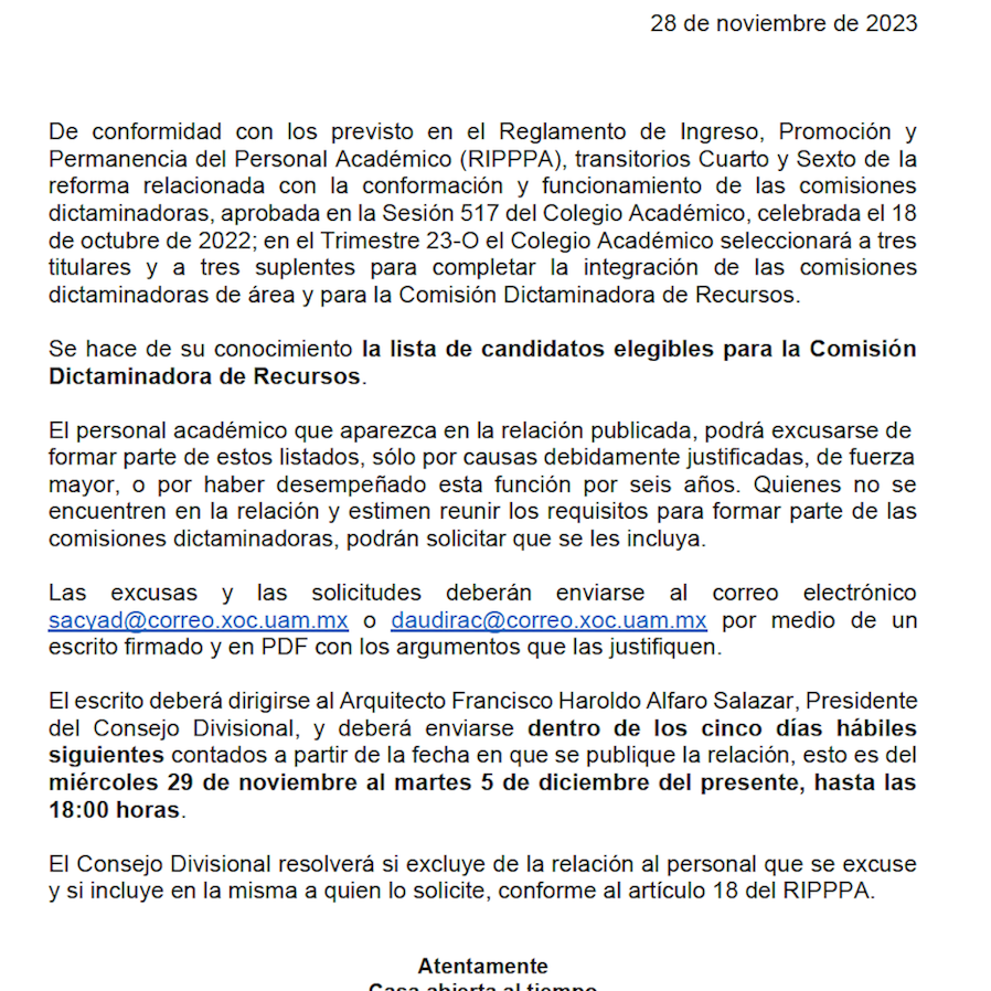 AVISO PERSONAL ACADÉMICO DE LA DIVISIÓN DE CyAD