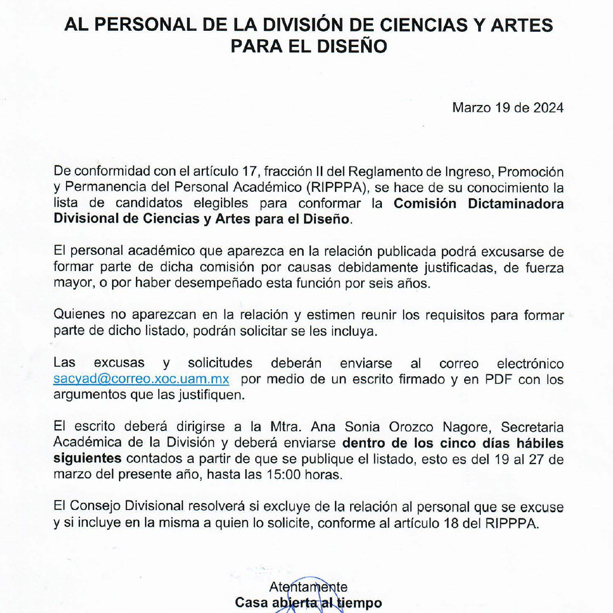 Al personal de la División de Ciencias y Artes para el Diseño